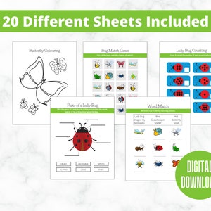 May include: A set of 20 printable worksheets for kids featuring various bug-themed activities, including coloring, matching, counting, and word matching. The worksheets feature colorful illustrations of ladybugs, butterflies, and other insects.