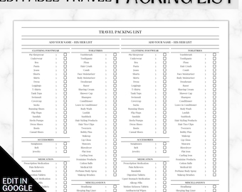 Editable Travel Packing List | Google Sheets Checklist | Vacation Planner | Family, Cruise & Wedding Travel | Instant Download