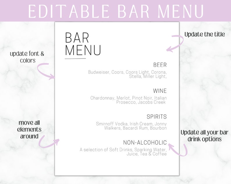 Editable Bar Menu Template | Customizable Drink List for Weddings ...
