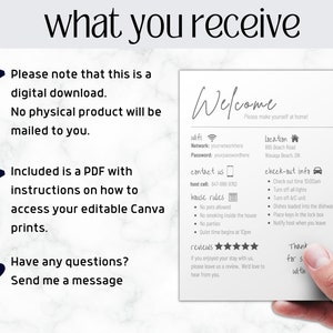 May include: A printable welcome sign for guests with a gray background and black text. The sign includes information about wifi, contact information, house rules, check-out information, and a review section. The text on the sign reads "Welcome, Please make yourself at home!"