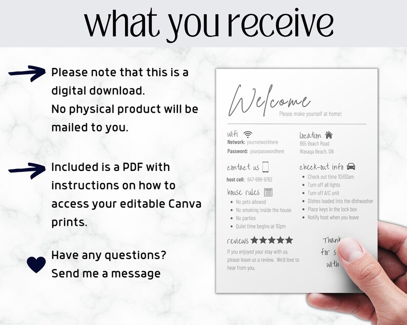 May include: A printable welcome sign for guests with a gray background and black text. The sign includes information about wifi, contact information, house rules, check-out information, and a review section. The text on the sign reads "Welcome, Please make yourself at home!"