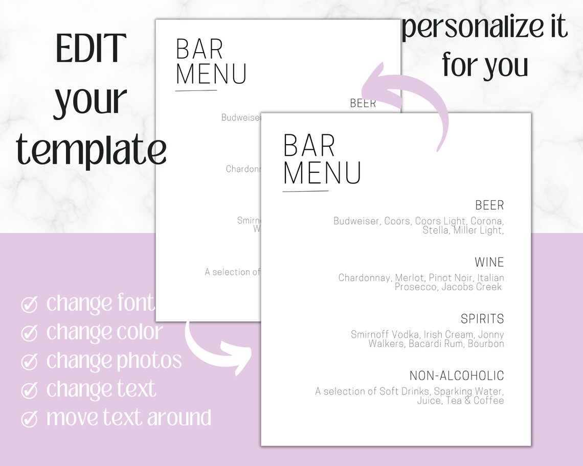 Editable Bar Menu Template | Customizable Drink List for Weddings ...