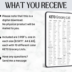 May include: A digital download of 3 printable KETO grocery lists in 3 different sizes: 8.5x11 inches, A4, and A5. Each size comes in 10 different colors. The image shows a sample list with checkboxes for various food categories, including fruits, vegetables, protein, cheese, pantry, nut butters, dairy subs, baking flour, oils, bread/wraps, drinks, and nuts/seeds.