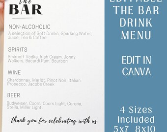 Editable Bar Menu Template | Wedding Cocktails | Custom Drink List | Reception Sign | Canva Printable | Instant Download