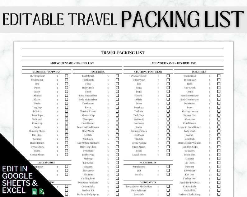 Travel Packing List Google Sheets Packing Checklist EDITABLE Wedding