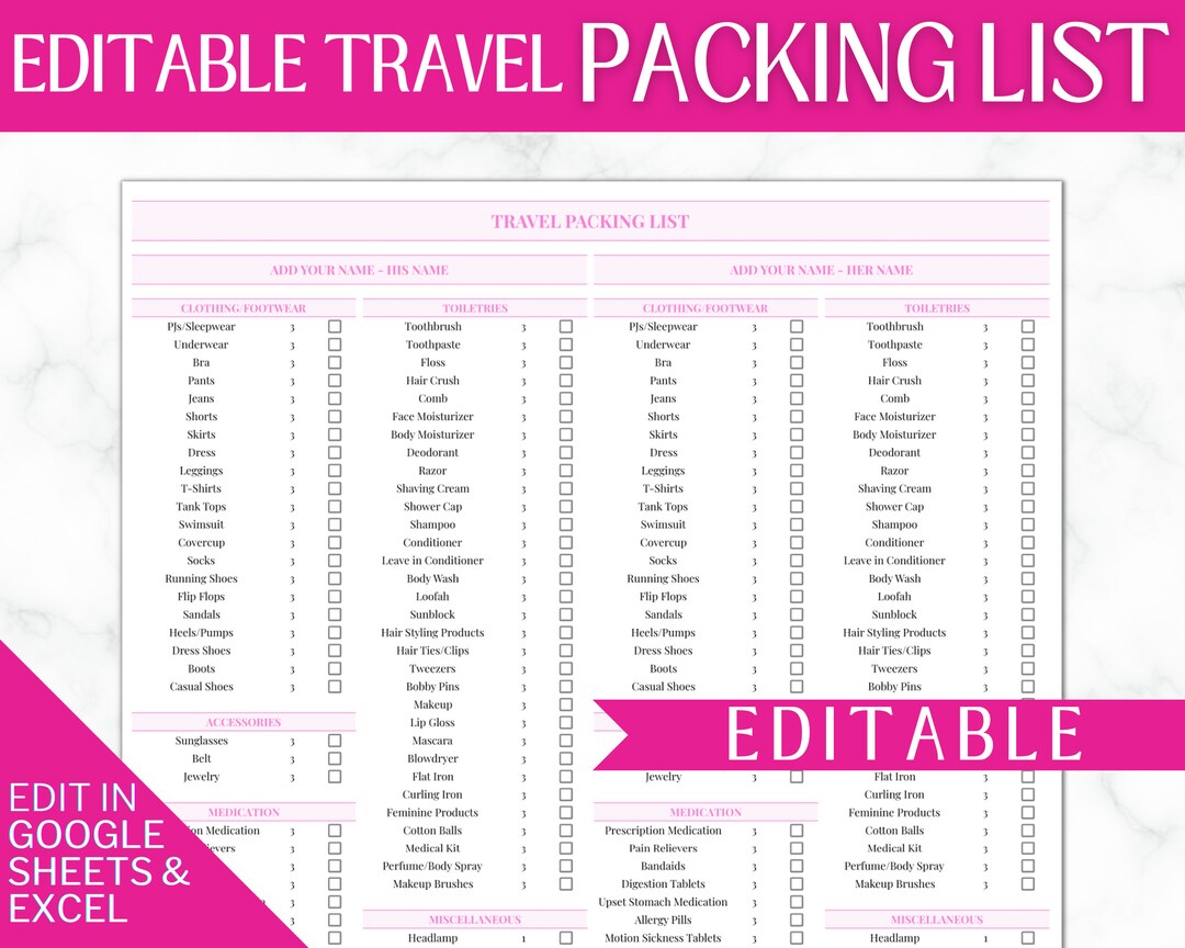 Travel Packing List Google Sheets Packing Checklist EDITABLE Wedding