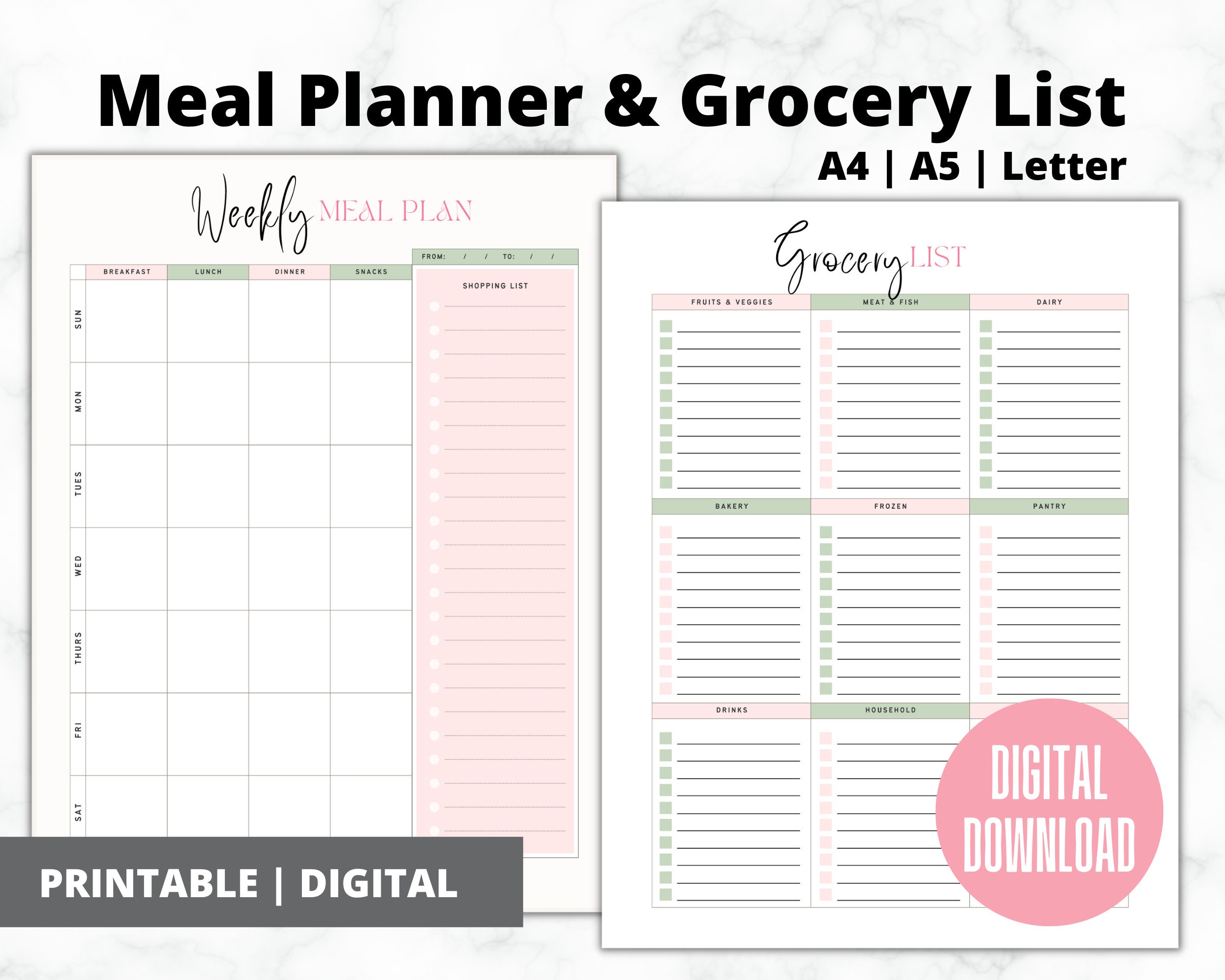 Weekly Meal Planner | Printable Grocery List | Meal Plan Template ...