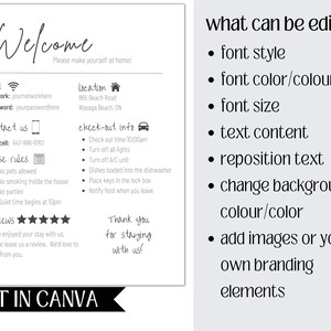 May include: A black and white welcome sign for a house or Airbnb rental. The sign includes information about wifi, location, check-out info, house rules, and reviews. The sign also includes the text "Edit in Canva" at the bottom.