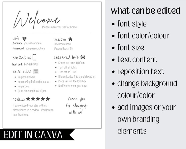 May include: A black and white welcome sign for a house or Airbnb rental. The sign includes information about wifi, location, check-out info, house rules, and reviews. The sign also includes the text "Edit in Canva" at the bottom.