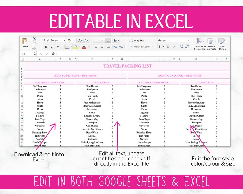 Travel Packing List | Google Sheets Packing Checklist | EDITABLE ...