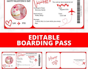 EDITABLE Boarding Ticket Template | Valentine Boarding Pass | Surprise Trip Reveal | Romantic Getaway Gift | Canva Printable