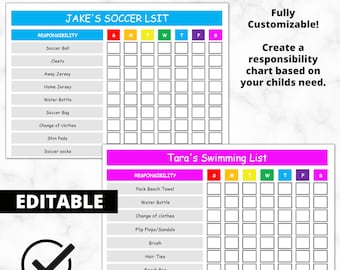 EDITABLE Child Responsibility Chart | Chore Chart | Kids Reward Planner | Organize Tasks for Children