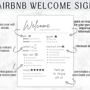 May include: A black and white welcome sign for Airbnb guests with instructions for wifi, contact information, check-out details, and house rules. The sign also includes a thank you note and a space for reviews.