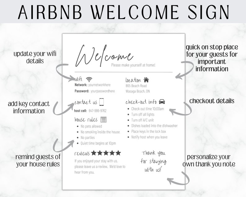 May include: A black and white welcome sign for Airbnb guests with instructions for wifi, contact information, check-out details, and house rules. The sign also includes a thank you note and a space for reviews.
