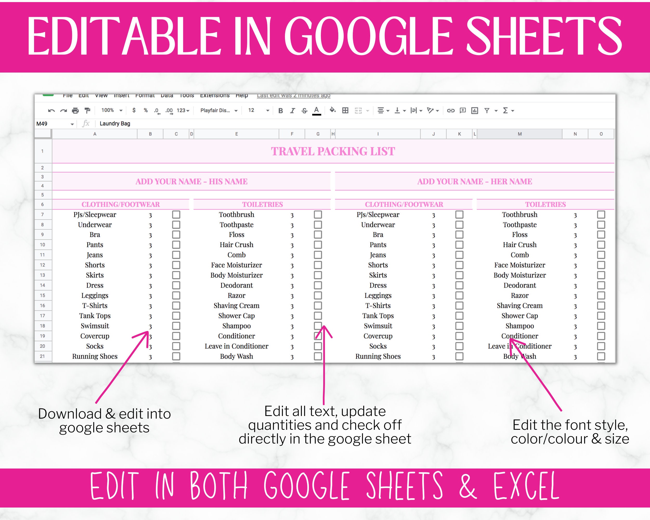 Travel Packing List | Google Sheets Packing Checklist | EDITABLE ...