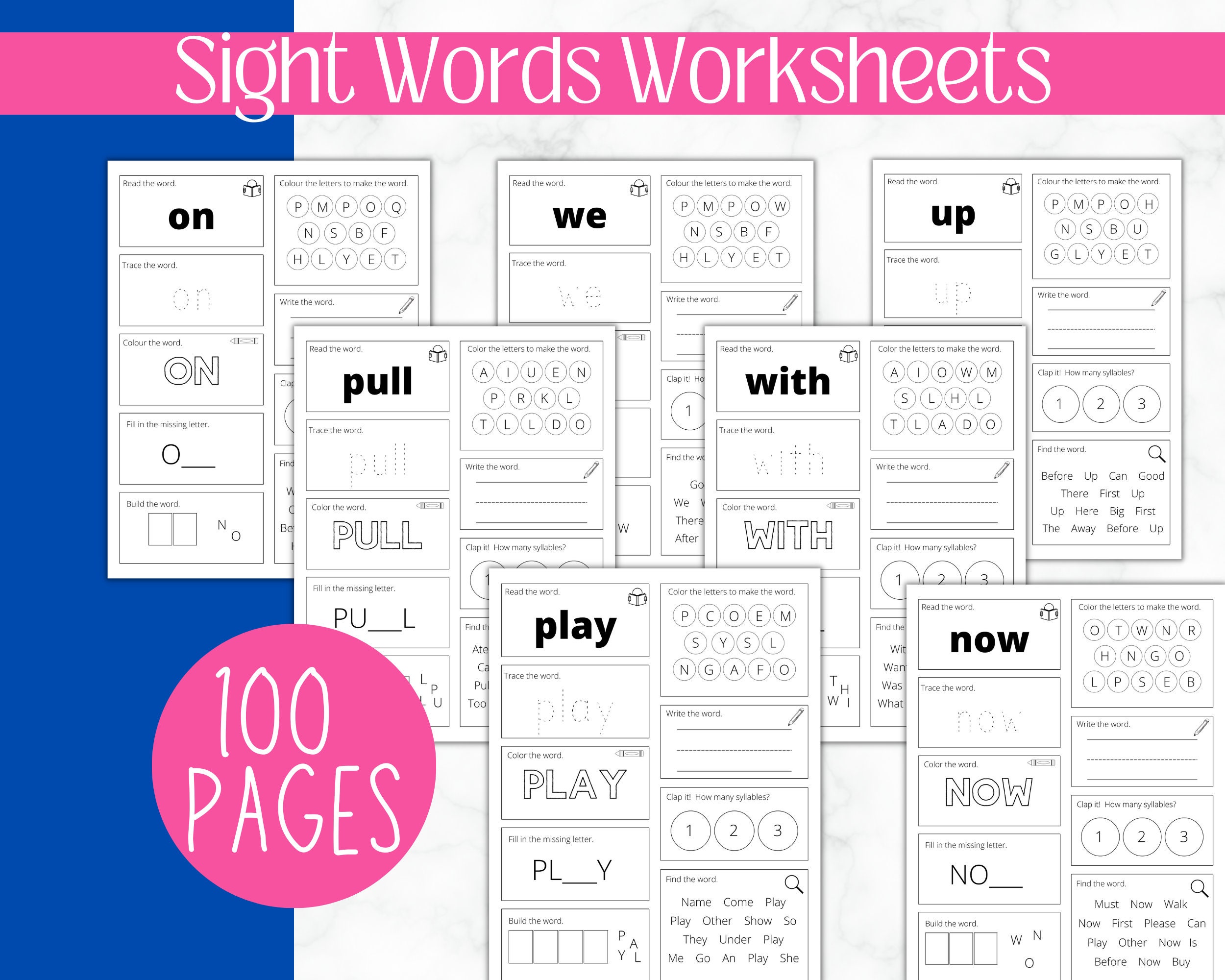 100 Printable Sight Words Kindergarten Worksheets Practice - Etsy UK