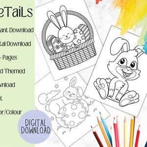 Pode incluir: P&aacute;ginas para colorir em preto e branco com coelhos da P&aacute;scoa. Um coelho est&aacute; em uma cesta com ovos, outro est&aacute; sentado com as patas cruzadas e o terceiro est&aacute; dormindo em um ovo. O texto "...deTails" e "DIGITAL DOWNLOAD" &eacute; vis&iacute;vel na p&aacute;gina.