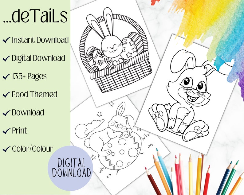 Pode incluir: P&aacute;ginas para colorir em preto e branco com coelhos da P&aacute;scoa. Um coelho est&aacute; em uma cesta com ovos, outro est&aacute; sentado com as patas cruzadas e o terceiro est&aacute; dormindo em um ovo. O texto "...deTails" e "DIGITAL DOWNLOAD" &eacute; vis&iacute;vel na p&aacute;gina.
