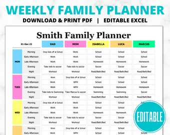 EDITABLE Daily Family Planner Schedule | Hourly Planner | Family Organizer | Datebook | Planning Aid | Download & Edit