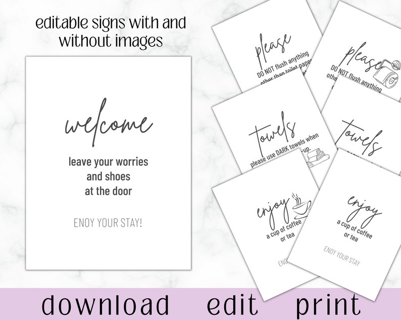 May include: Printable welcome sign with the text "welcome, leave your worries and shoes at the door, enjoy your stay!"  The sign is white with black text.