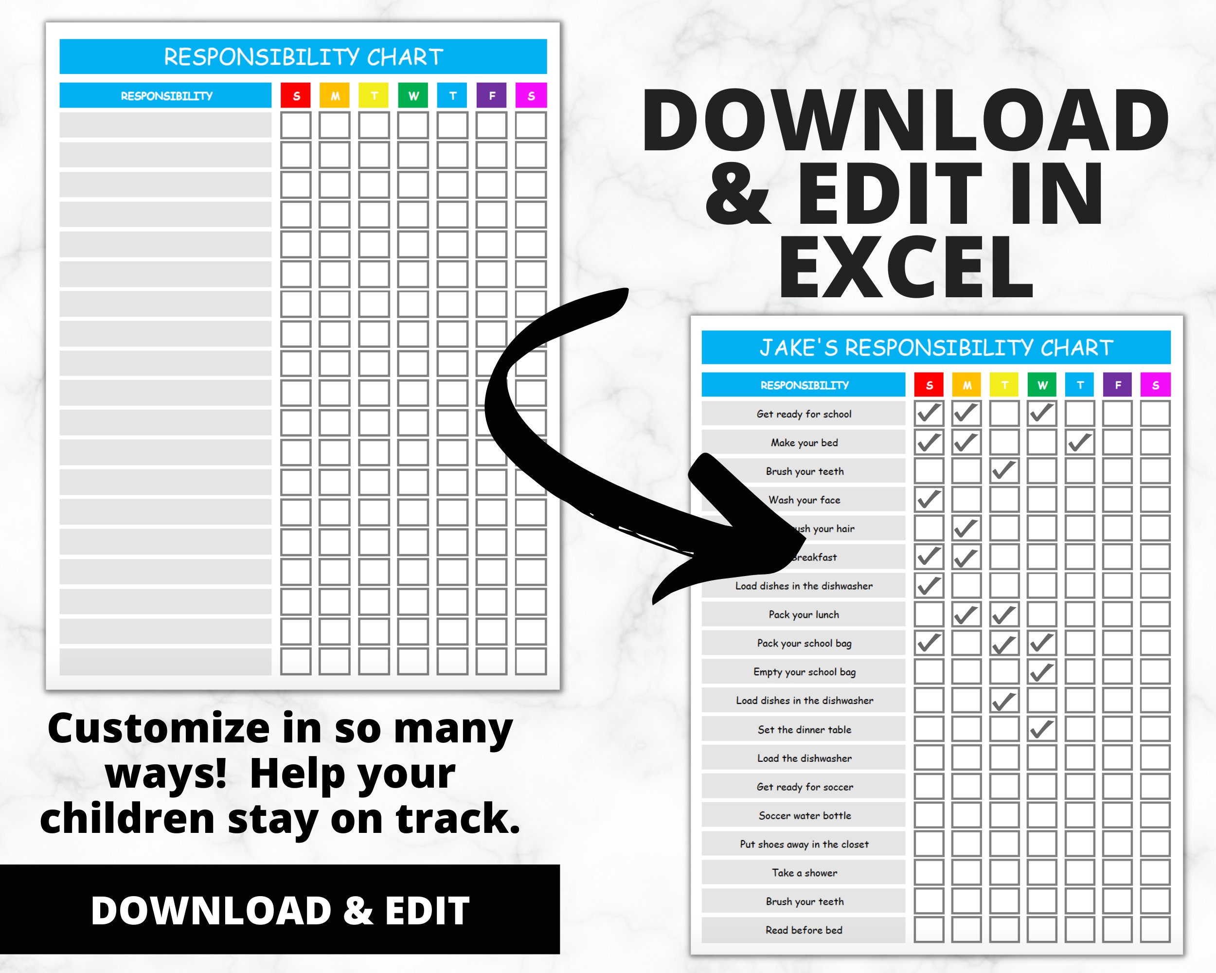 EDITABLE Responsibility Chart Printable Chore Chart Kids Reward Planner ...