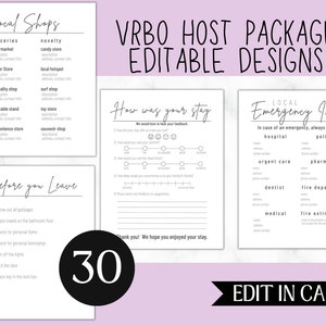 May include: A printable set of 30 editable designs for VRBO hosts. The designs include a list of local shops, a guest feedback form, and an emergency information sheet with contact information for local services.