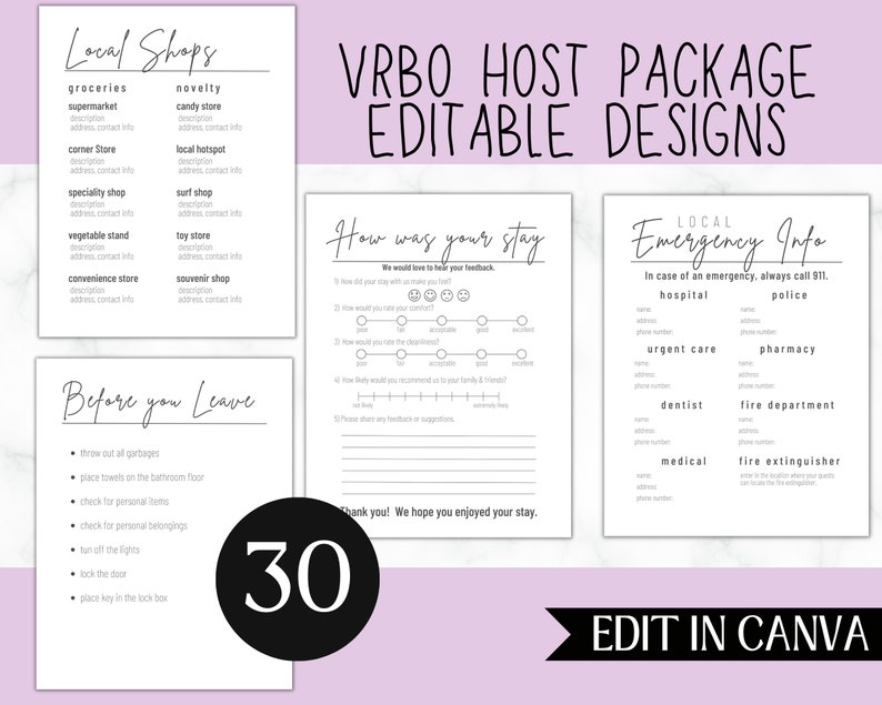 May include: A printable set of 30 editable designs for VRBO hosts. The designs include a list of local shops, a guest feedback form, and an emergency information sheet with contact information for local services.