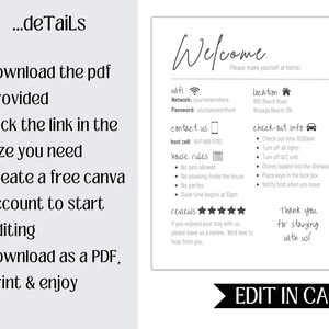 May include: A welcome guide for guests staying at a vacation rental. The guide includes information about the wifi network, contact information for the host, house rules, check-out instructions, and a place for reviews. The guide also includes the address of the rental property, which is located at 865 Beach Road in Wasaga Beach, Ontario.
