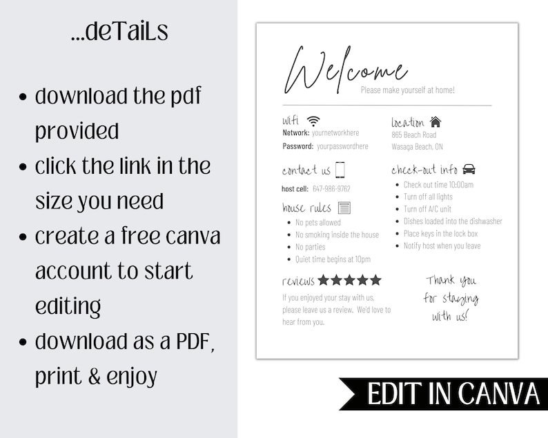 May include: A welcome guide for guests staying at a vacation rental. The guide includes information about the wifi network, contact information for the host, house rules, check-out instructions, and a place for reviews. The guide also includes the address of the rental property, which is located at 865 Beach Road in Wasaga Beach, Ontario.