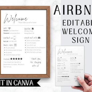 May include: Editable welcome sign for Airbnb hosts. The sign includes information about wifi, contact information, house rules, check-out instructions, and a space for reviews. The sign is designed to be printed and displayed in a frame.