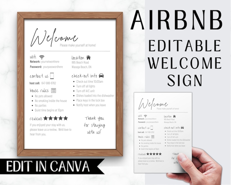 May include: Editable welcome sign for Airbnb hosts. The sign includes information about wifi, contact information, house rules, check-out instructions, and a space for reviews. The sign is designed to be printed and displayed in a frame.