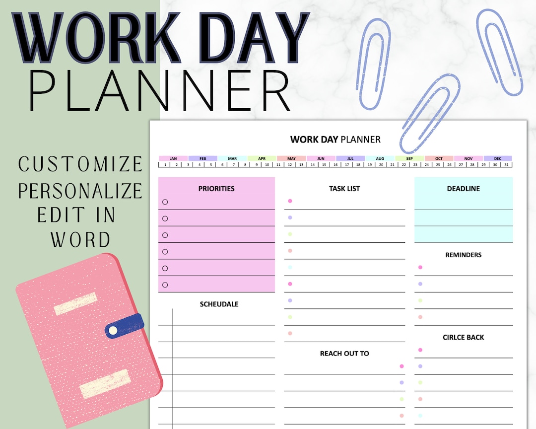 EDITABLE Work Planner | Work Day Organizer | Editable Daily Planner ...