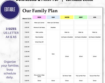 EDITABLE Daily Family Planner Schedule | Hourly Planner | Family Organizer | Datebook | Planning Aid | Download & Edit