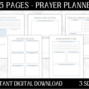 May include: A printable prayer planner with 35 pages. The planner includes sections for daily prayer, weekly reflection, spiritual growth activities, life reflection, and evening gratitude. The planner is available in three sizes.
