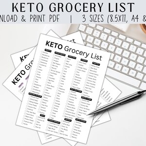 May include: A printable keto grocery list with checkboxes for various food categories, including fruits, vegetables, protein, cheese, pantry items, nut butters, dairy, drinks, and nuts/seeds. The list is printed on white paper and is shown on a white surface with a keyboard and pen.