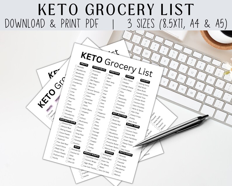 May include: A printable keto grocery list with checkboxes for various food categories, including fruits, vegetables, protein, cheese, pantry items, nut butters, dairy, drinks, and nuts/seeds. The list is printed on white paper and is shown on a white surface with a keyboard and pen.