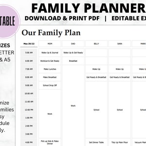 EDITABLE Daily Family Planner Schedule | Hourly Planner | Family Organizer | Datebook | Planning Aid | Download & Edit