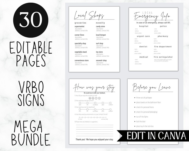 May include: A set of 30 editable printable signs for VRBO rentals. The signs include information about local shops, emergency information, a guest feedback form, and a checklist for guests before they leave. The text "EDIT IN CANVA" is at the bottom of the image.