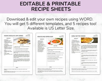 EDITABLE Recipe Template | WORD Recipe Template | Minimalist Design |  Meal Planner | Editable in Word | Food Binder
