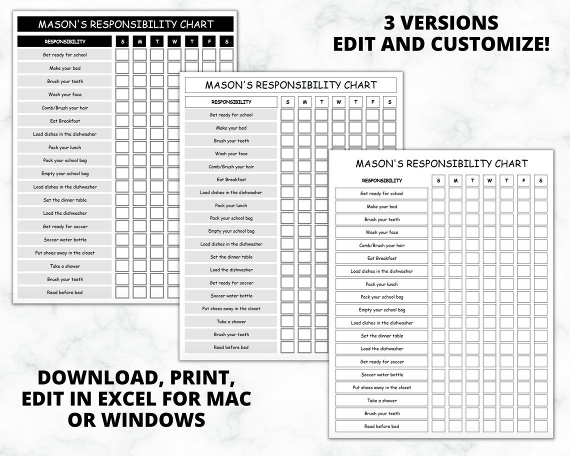 EDITABLE Child Responsibility Chart Chore Chart Kids Reward Planner