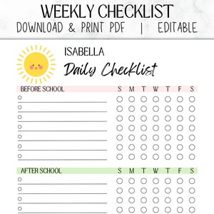 Puede incluir: Una lista de verificación semanal imprimible con un gráfico de sol alegre. La lista de verificación se titula "ISABELLA Daily Checklist" y está dividida en secciones "Antes de la escuela" y "Después de la escuela". Cada sección tiene una columna para cada día de la semana, con casillas de verificación para las tareas.