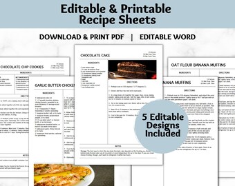 Plantilla de recetas editable / Página minimalista para libro de cocina / Planificador de comidas / Inserto para carpeta de alimentos / Microsoft Word / Descarga instantánea