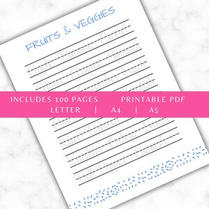 May include: A printable PDF worksheet titled FRUITS & VEGGIES featuring rows of dashed lines for handwriting practice. The page includes words like Apple, Banana, Carrot, Lettuce, Grapes, Spinach, Cucumber, Peach, Onion, Kiwi, Broccoli, Lemon, Zucchini, Celery, Squash, and Bell Pepper.