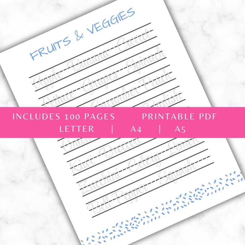 May include: A printable PDF worksheet titled FRUITS & VEGGIES featuring rows of dashed lines for handwriting practice. The page includes words like Apple, Banana, Carrot, Lettuce, Grapes, Spinach, Cucumber, Peach, Onion, Kiwi, Broccoli, Lemon, Zucchini, Celery, Squash, and Bell Pepper.
