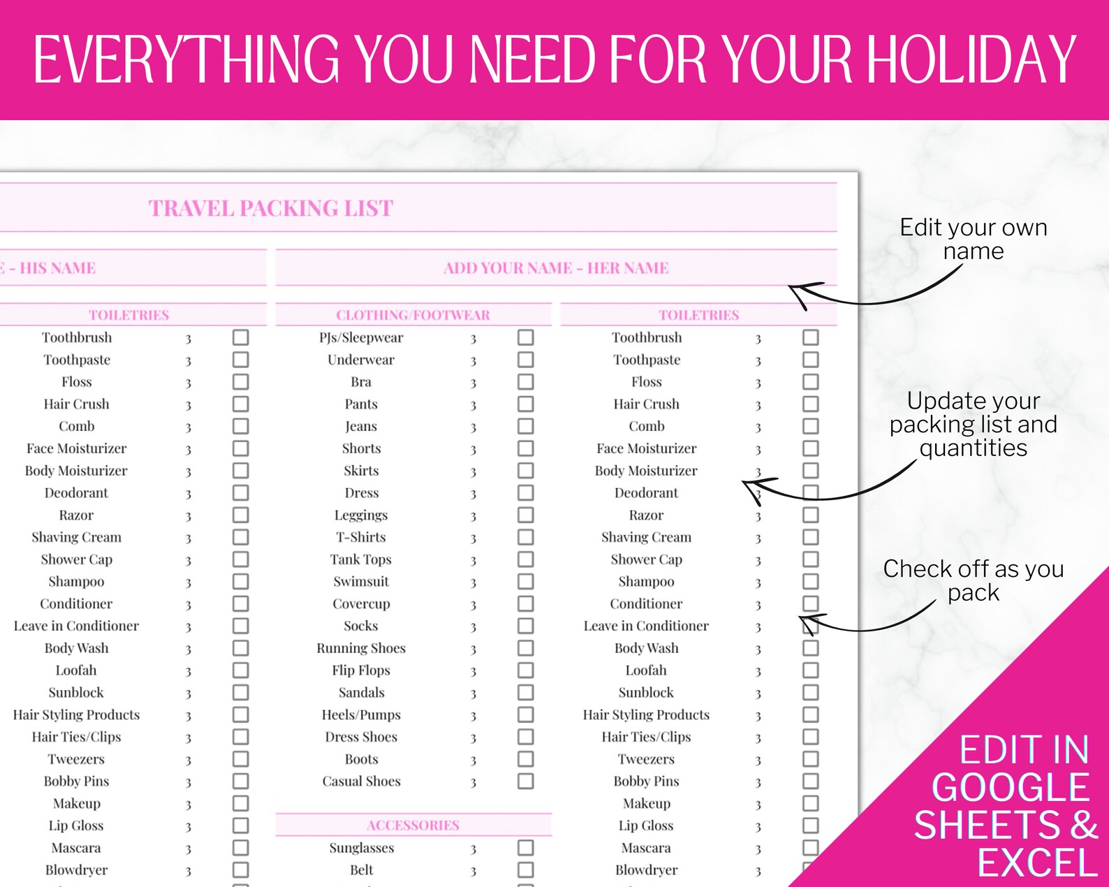 Travel Packing List | Google Sheets Packing Checklist | EDITABLE ...