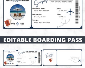 EDITABLE Boarding Ticket Template | Birthday Boarding Pass | Surprise Trip Reveal | Travel Gift | Canva Printable