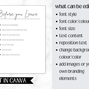 May include: A printable checklist titled "Before you Leave" with a list of tasks to complete before leaving a location. The checklist includes items such as throwing out all garbages, placing towels on the bathroom floor, checking for personal items, and locking the door. The text at the bottom of the checklist says "Edit in Canva".