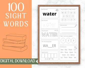 100 Printable Sight Words | Kindergarten Worksheets | Practice Spelling | Phonics | Homeschool | Kindergarten 1st Grade