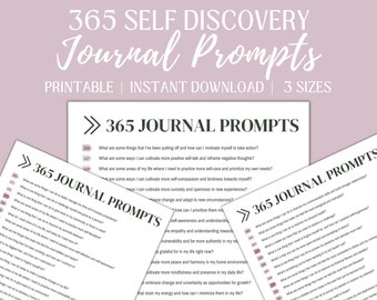May include: Three printable pages with a pink background and black text. The pages contain 365 journal prompts for self-discovery. The text on the pages includes phrases like "What are some things that I've been putting off?" and "How can I motivate myself to take action?"