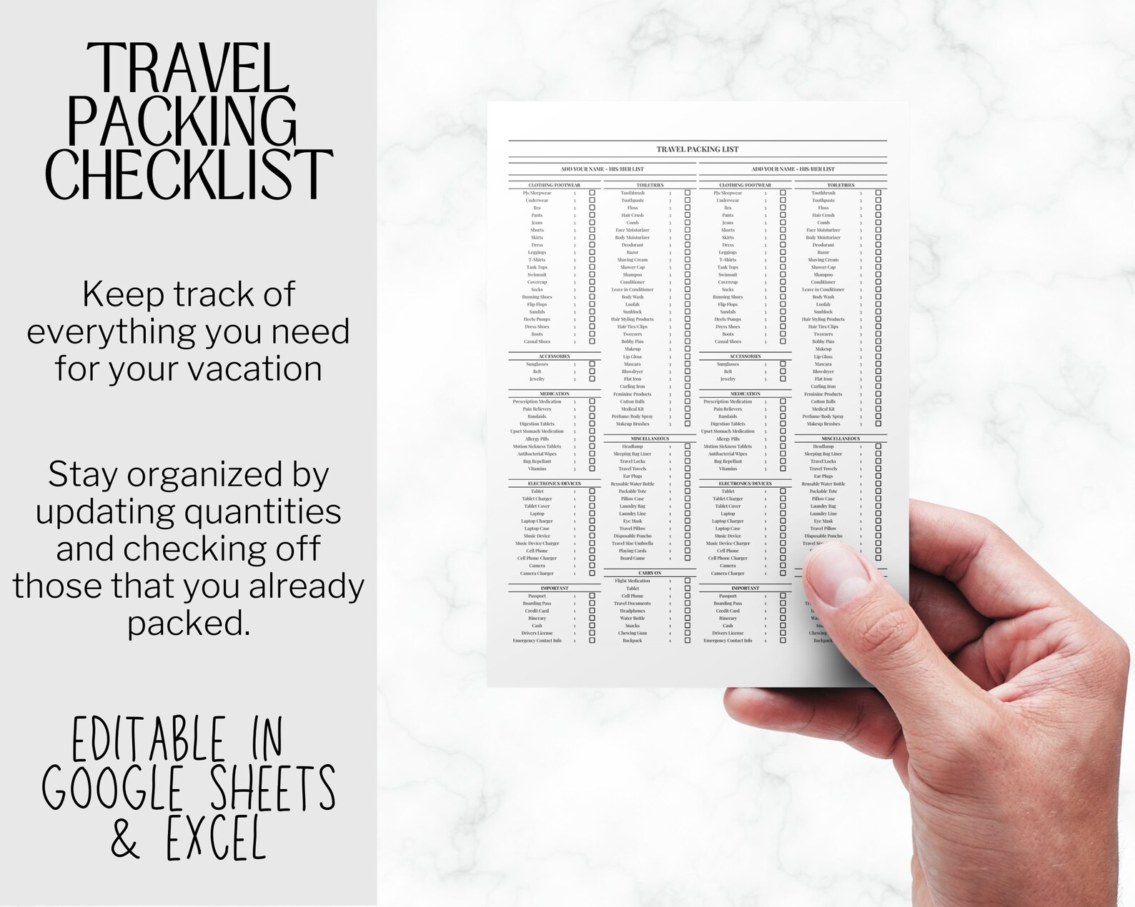 Travel Packing List Google Sheets Packing Checklist EDITABLE Wedding